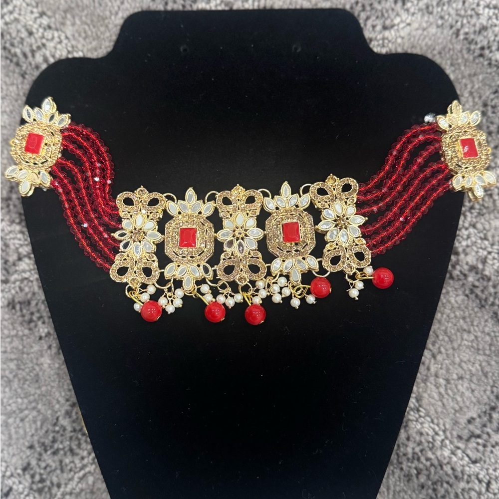 Pakistani/Indian red and gold jewelry set